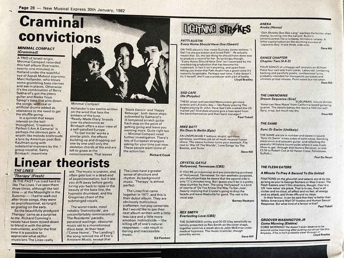 Minimal Compact, The Lines, Mike Batt, Crystal Gayle, Patti Austin, Sad Cafe, Dance Chapter, and more. LP reviews, New Musical Express, 30 January 1982.