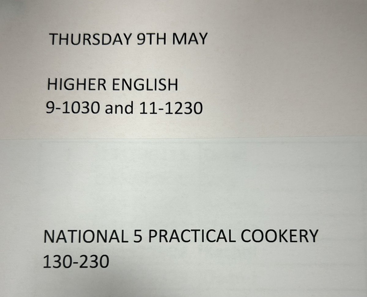 SQA EXAMS Good luck to all of our Higher English and N5 Practical Cookery students. 198 for H English, please come with SCN and check seat number on way in. Be at reserved seats at least 15mins before start