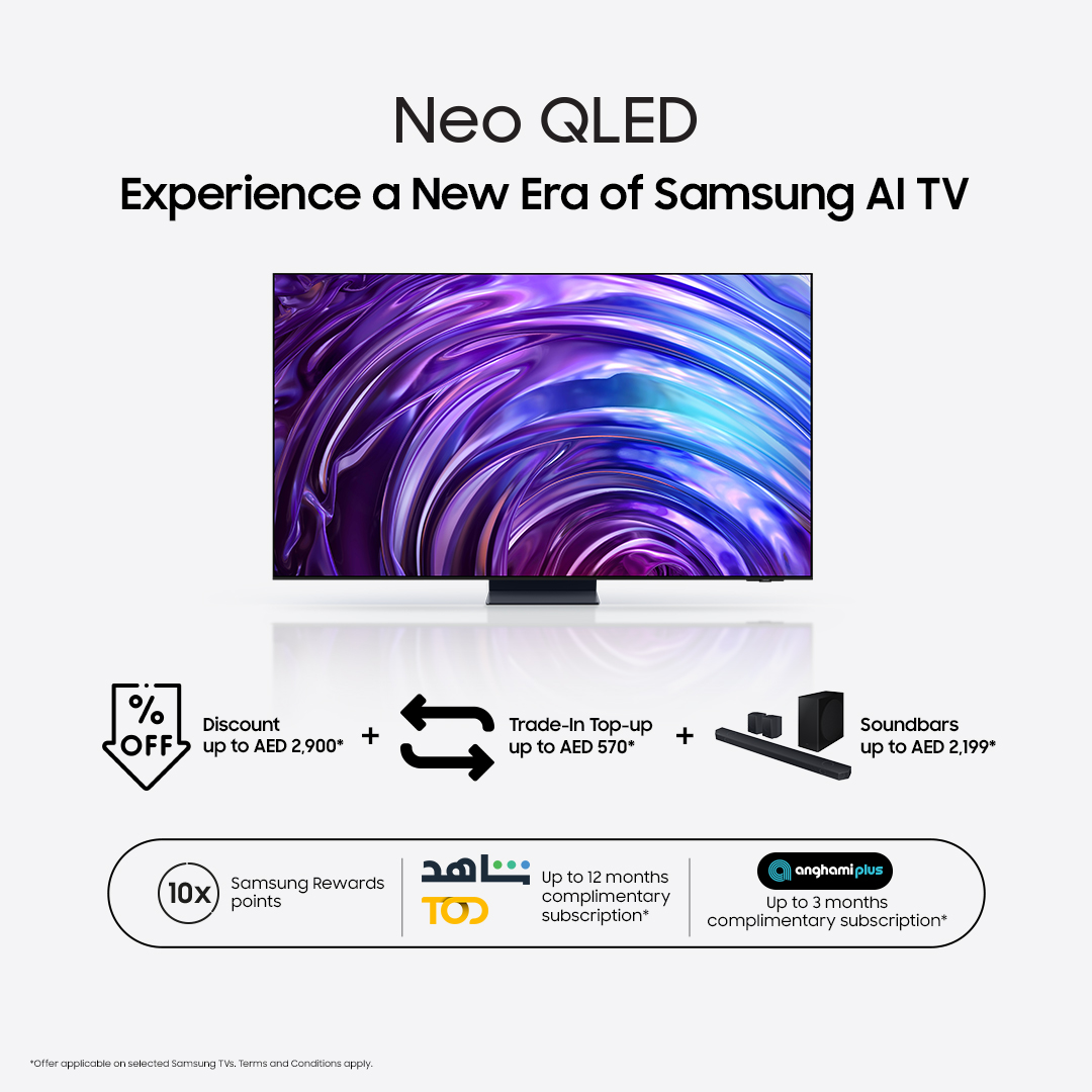 Unveil the future of television with our Neo QLED 4K TV! Get up to AED 2,900 off, 10X Samsung Rewards points worth up to AED 1,910, complimentary subscriptions, free delivery and installation, and much more! Pre-order now: smsng.co/6017jWs3P