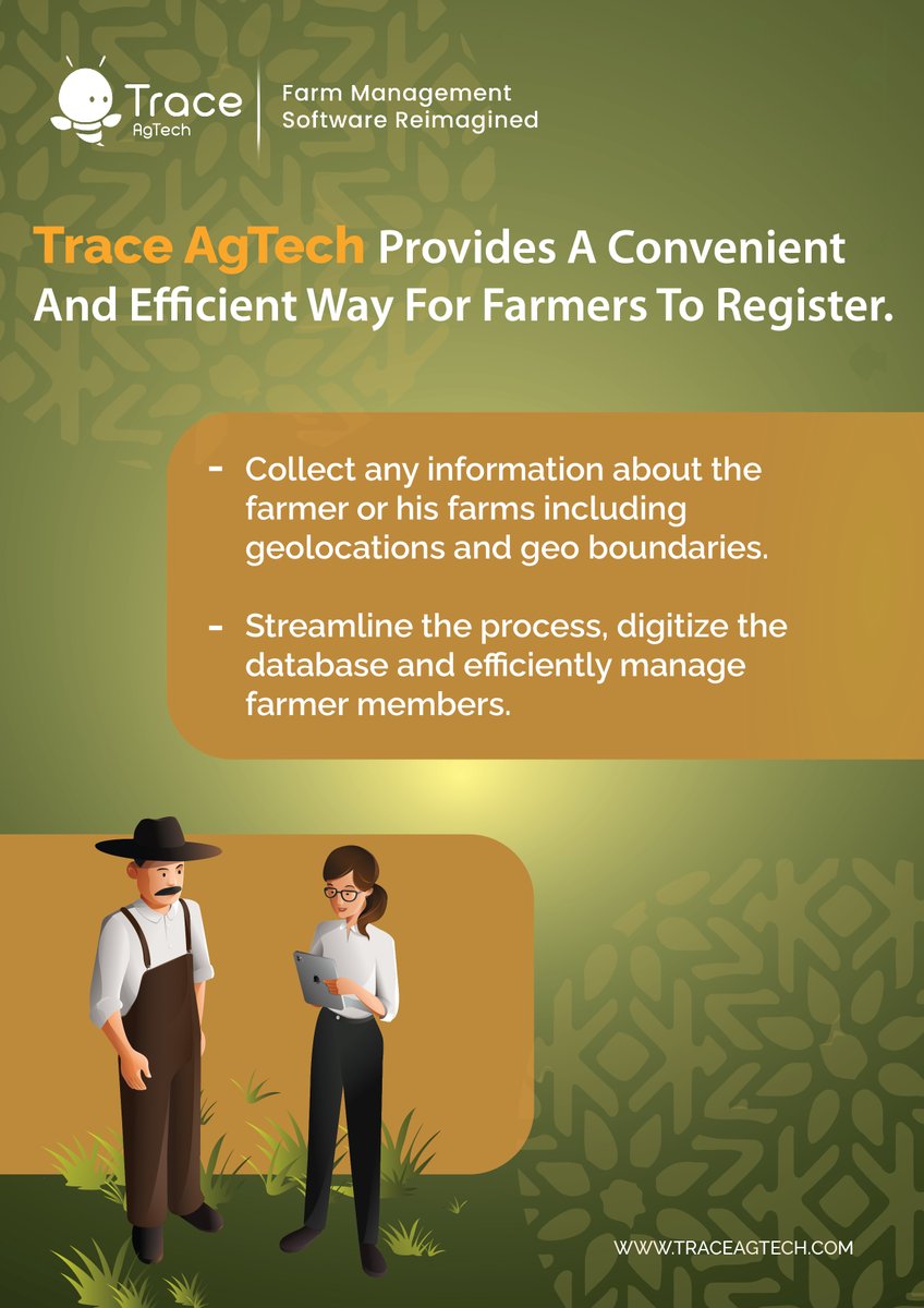 Register farmers on the spot with Trace AgTech! Customize your data collection and register all forms of data. 
Click on the link to get a Free Demo: traceagtech.com

#Farming #Technology #smartagriculturelture #FarmSoftware #Agriculture #crops #traceability