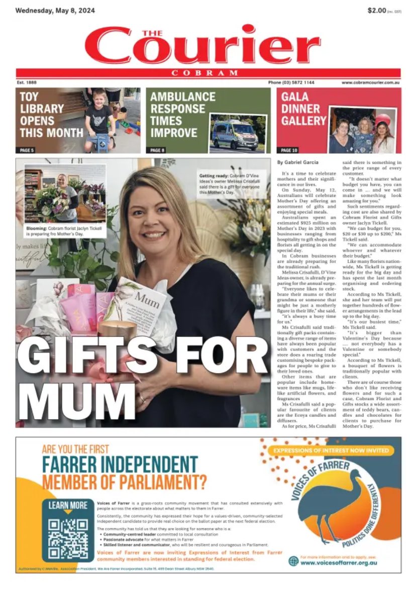 #Breaking #FrontPage Hey #Barooga #Tocumwal #Lalalty and #Boomanoomana Our ad hit the press in your patch today We are looking for our star #IndependentCandidate to represent Farrer Know someone you think fits the bill? Tap them on the shoulder EOI closes 19 May #AusPol