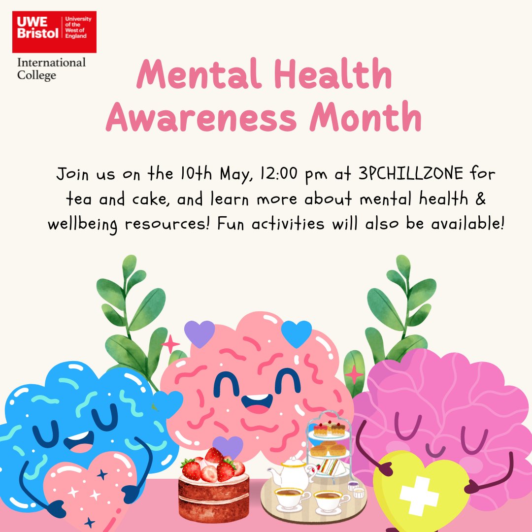 Join us for tea and cake on Friday 10th of May,  to celebrate #mentalhealthawarenessmonth! There will be information about mental health and looking after your wellbeing, as well as fun activities!

We can't wait to see you there!

#UWEBIC #UWEBristol #mentalhealth