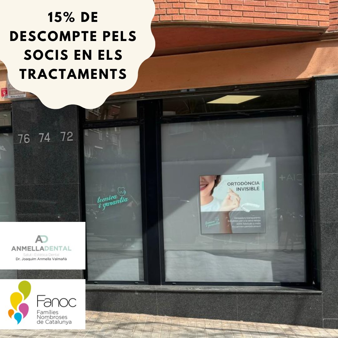 Nova oferta a La Clínica Dental Anmelladental de Barcelona que ofereix un descompte del 15% de descompte pels socis de FANOC en tots els tractaments i un 10% de descompte per a les famílies nombroses en general. 🦷👄 + info beneficios.fanoc.org/ca-ES/p/29681/…