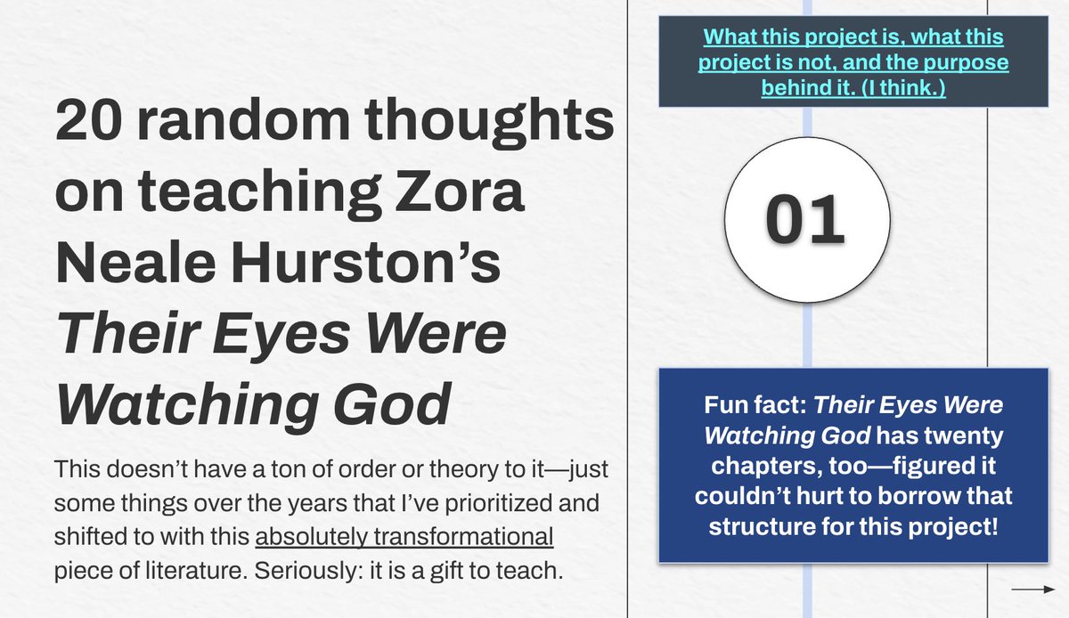 Since sharing this Their Eyes Were Watching God project/resource, it has been so cool to get all sorts of random messages from teachers with follow-up Q's, suggestions, and especially enthusiasm to bring this INCREDIBLE book into their own classroom. 🙏 docs.google.com/presentation/d…
