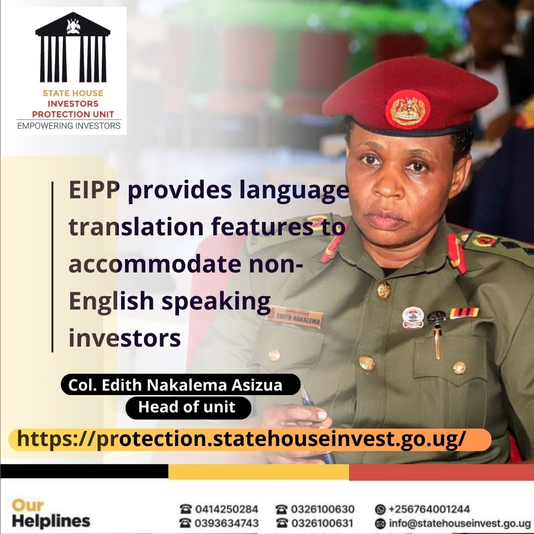 Dear investors, EIPP (protection.statehouseinvest.go.ug) is your solution for submitting queries and feedback. Its language translation makes it accessible to all. @edthnaka #EmpoweringInvestors