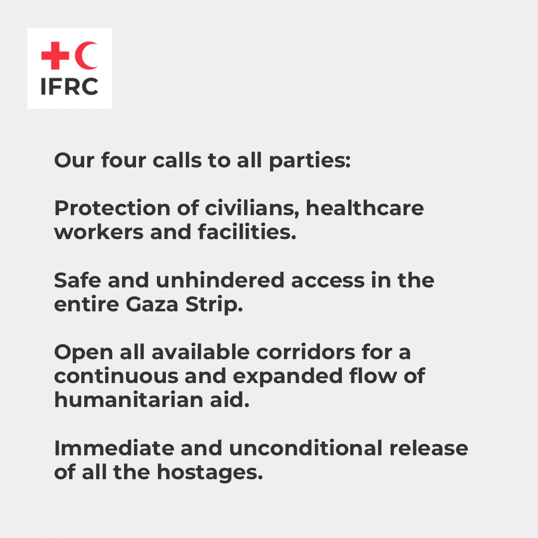 The IFRC is deeply concerned by the catastrophic humanitarian situation in the Gaza Strip. The recent escalation of hostilities in #Rafah is increasing the suffering of people and hampering the entrance of humanitarian aid through the Rafah border crossing.
