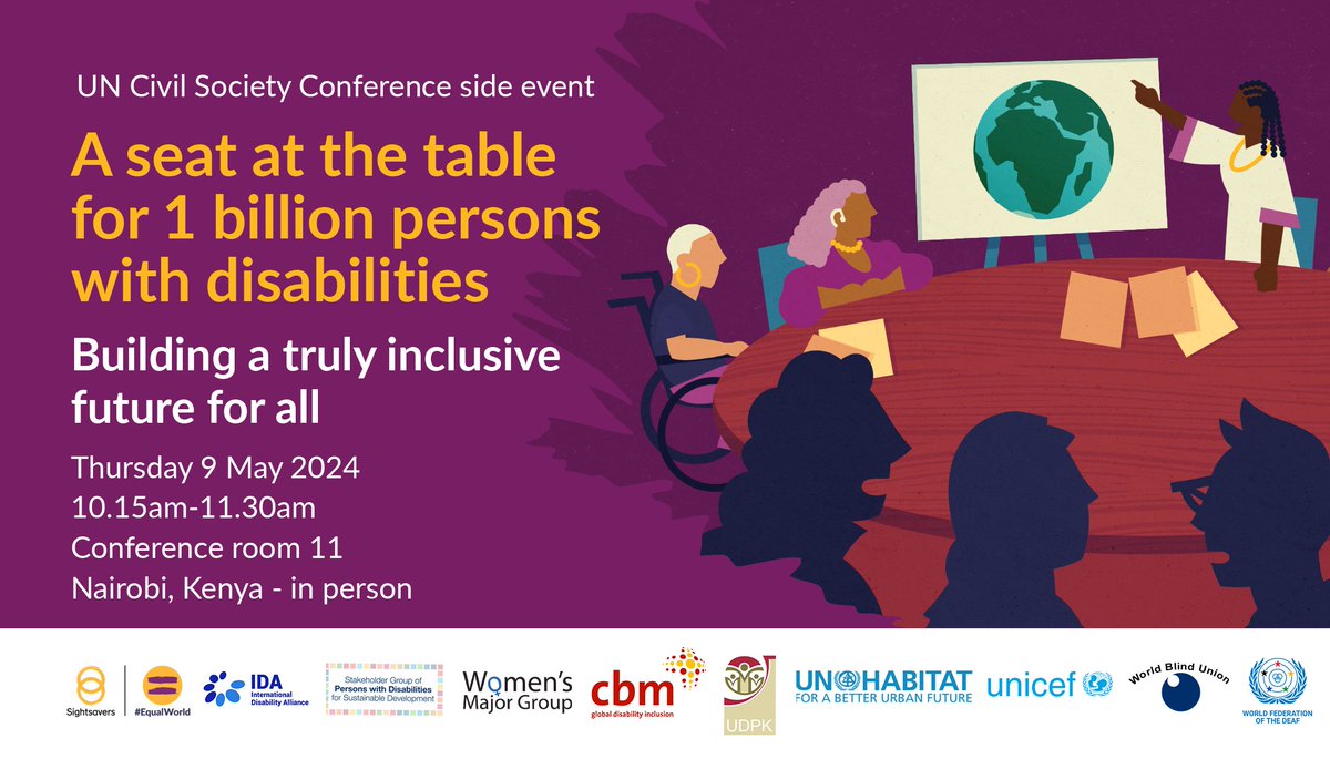 UN Civil Society Conference | Another great event by @UNHABITAT & partners to attend - A Seat at the Table for 1 Billion Persons with Disabilities: Building a Truly Inclusive Future for All 🗓️ May 9 🕘10.15-11.30am EAT 📍CR 11, UN Complex, Nairobi Live-tweeted for those online!