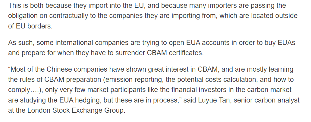 My great pleasure to be interviewed by Carbon Pulse lately regarding 'CBAM hedging unlikely to have impact on EU ETS market, experts say'. #euets Link available here: carbon-pulse.com/281511/