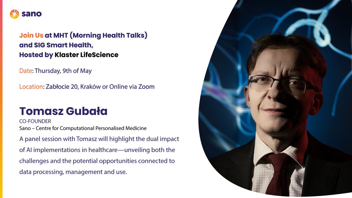 Join us at MHT (Morning Health Talks) and SIG Smart Health, organized by the LifeScience cluster. Tomasz Gubała will take part in a session highlighting the double impact of AI implementations in healthcare. #lifescience #healthcare #innovation #EITHealth