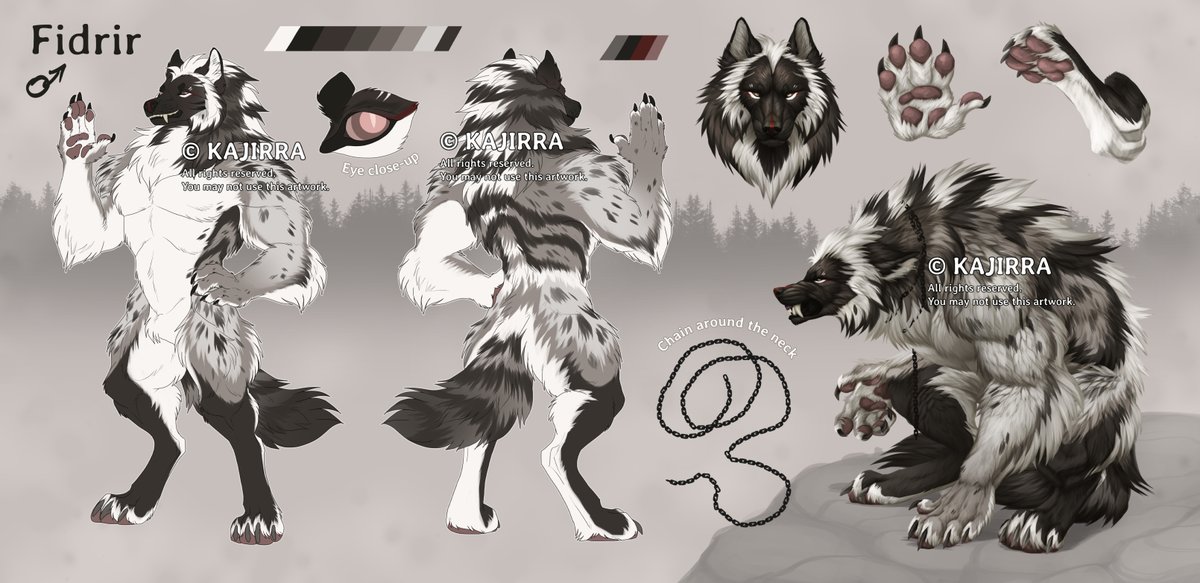 A reference sheet for AriesRedWolf on DeviantArt, of their hyena character 🐾