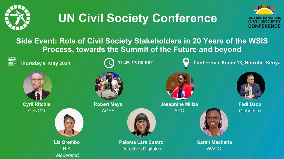 🙋Are you attending the UN Civil Society Conference in Nairobi? Join us and our partners in this session to discuss the role of civil society in the #WSIS process! #Summitofthefuture #GlobalDigitalCompact @APC_News @derechosdigital @ITforChange