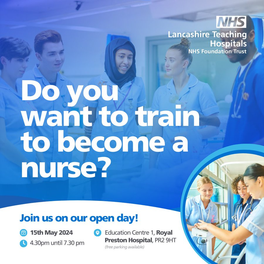 Lancs Health Academy (@lancshealthacad) on Twitter photo Are you interested in changing your career?
🤔 Join us at next week's open day to explore your options!
🏥Education Centre One, RPH
📅Wednesday 15/05
⏰4.30 - 7.30
❓Email study.nursing@lthtr.nhs.uk to register and find out more. Are you interested in changing your career?
🤔 Join us at next week's open day to explore your options!
🏥Education Centre One, RPH
📅Wednesday 15/05
⏰4.30 - 7.30
❓Email study.nursing@lthtr.nhs.uk to register and find out more.