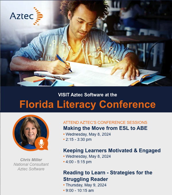 Aztec Software is excited to be exhibiting and presenting 3 INSIGHTFUL SESSIONS! at the 2024 FLORIDA LITERACY CONFERENCE!

@FloridaLiteracy #FLALITCON #FloridaLiteracy #Adulteducation #edtech