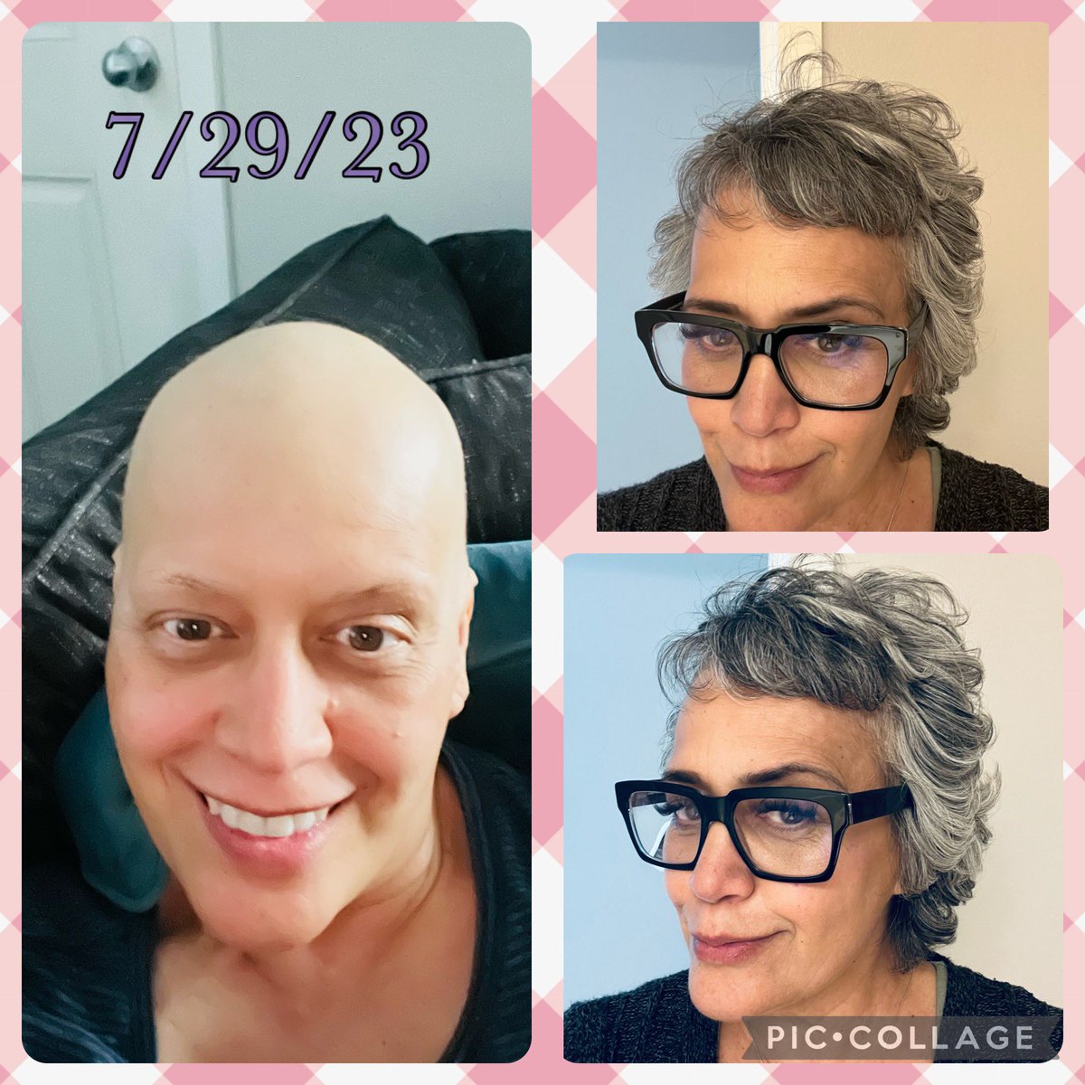 @emtrrt_cat You’ve got this!  My last chemo was 6/16/23 and I first saw sprouts 🌱 on 7/29/23. Pics on the right of me 5/7/24. My former hair was wavy brown and it came back with curl and gray.  I’m embracing it 🙏🏼