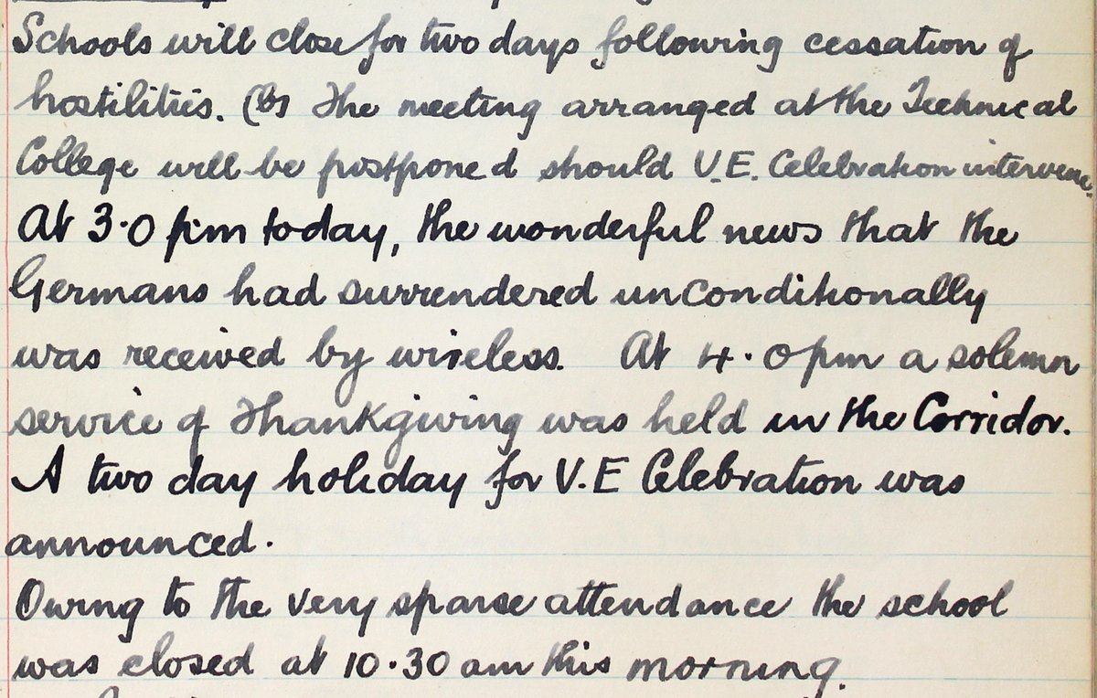 This log book entry was written by the head teacher of Radnor Road School #Canton #Cardiff #otd in 1945, #VEDay Following a service of thanksgiving, the school closed for two days. But, due to poor attendance on 10 May, the holiday was extended to a third day.
