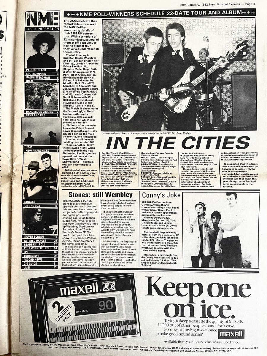 The Jam, Killing Joke, The Rolling Stones. Pic by Peter Kodick. News in New Musical Express, 30 January 1982.