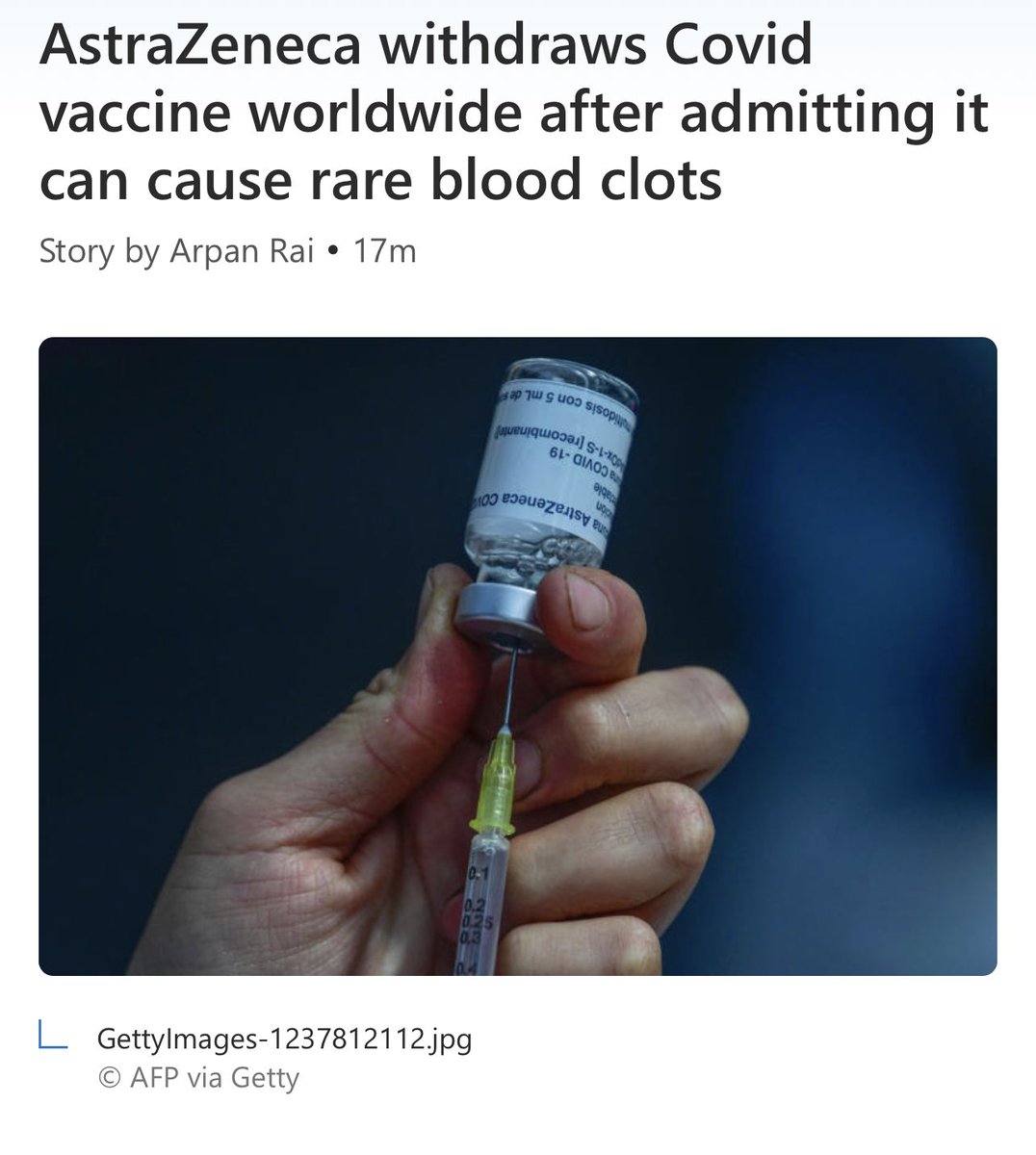 AstraZeneca is pulling the vaccine because it's causing blood clots! Don't let the media fool you. These are not rare, and they are not pulling it because of low demand. Pfizer, it's your turn.