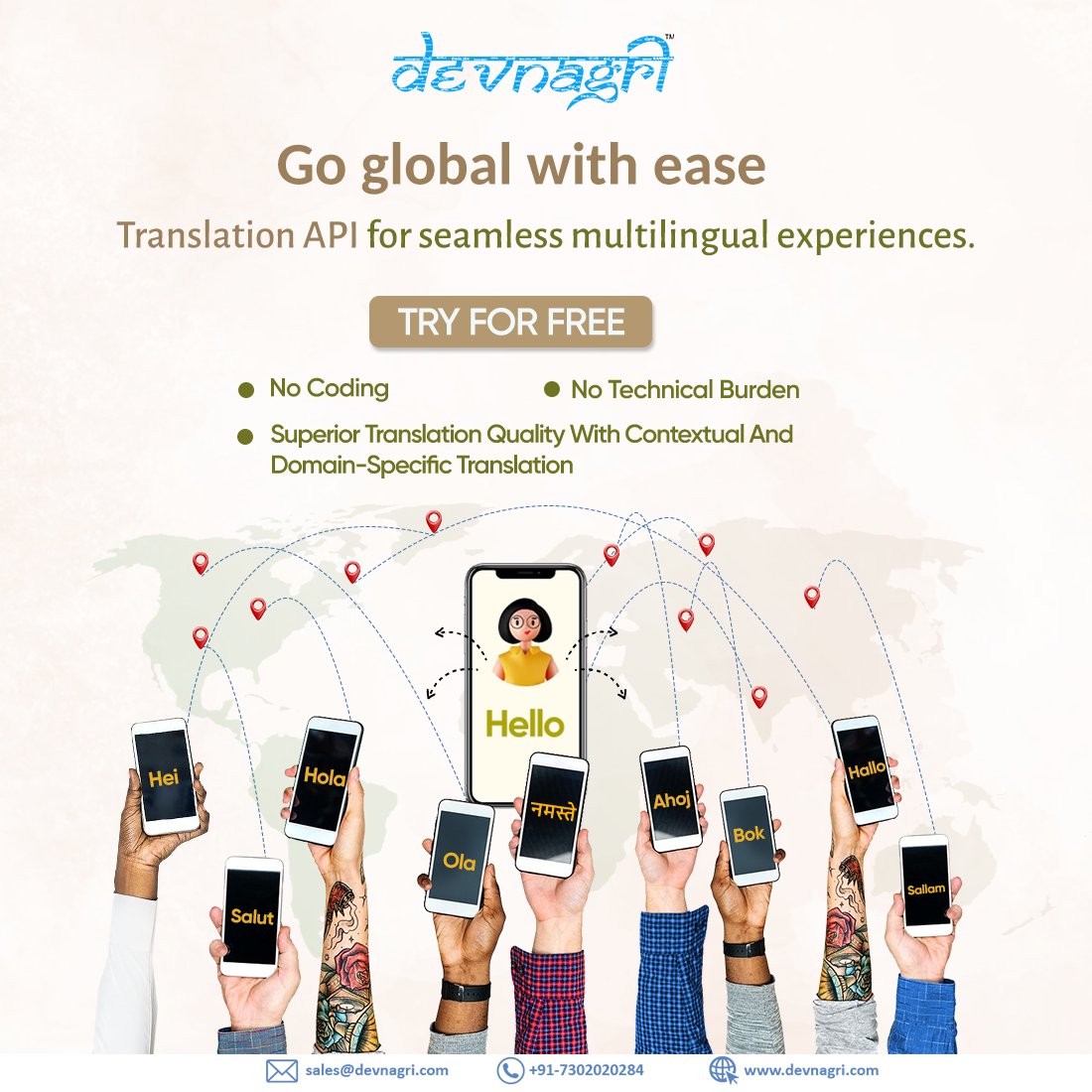 DevnagriAI's tweet image. 🔍 Looking to integrate translation capabilities into your app or website? Our Translation API is your solution! With our API, you can seamlessly translate text between multiple languages with ease and accuracy.  Visit - devnagri.com ! 
#TranslationAPI