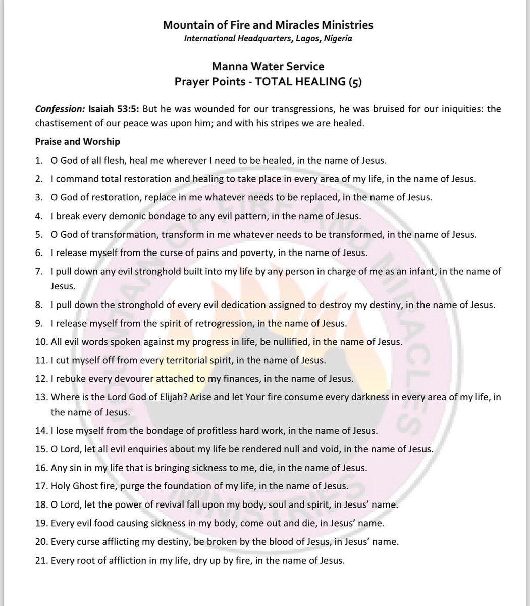 Prayer for Total Healing Part 5. You’re invited to today’s Manna Water Service themed “Total Healing” at the MFM International Headquarters. Date: May 8, 2024 Time: 4:00 PM We eagerly anticipate sharing this blessed time with you. #healing #prayer #mfmworldwide @MFMWorldwide