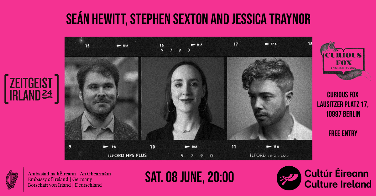 As part of Zeitgeist 24, 3 award-winning Irish poets will read at Curious Fox. Join Jessica Traynor, Seán Hewitt & Stephen Sexton for an evening of poetry on desire, identity, place, memory, love and loss. 08.06, 8pm Free entry. Supported by @irlembberlin and @culture_ireland