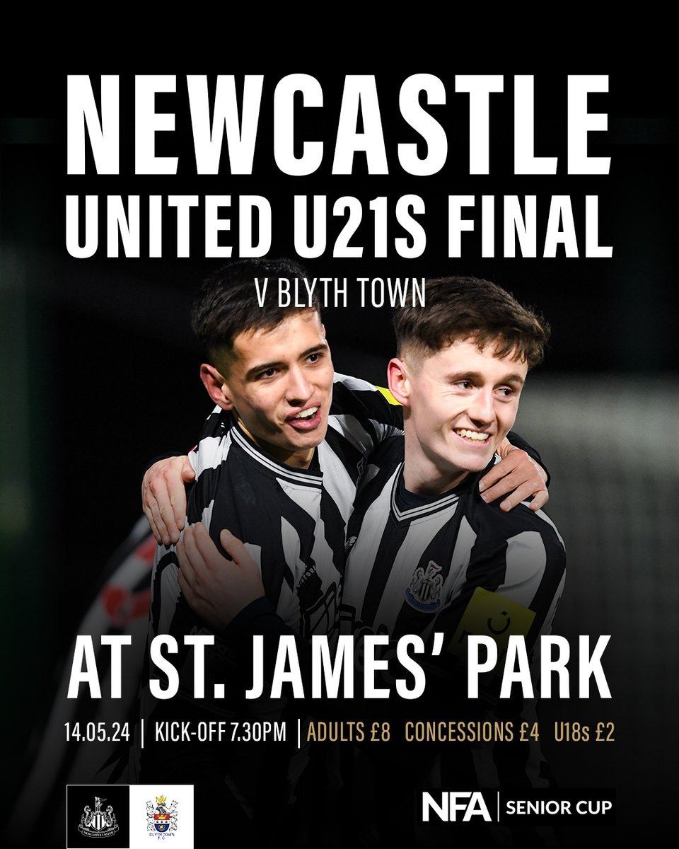 #NUFC's U21s will host Blyth Town at St. James' Park in the Northumberland Senior Cup final next Tuesday evening. 🏆💪

Tickets will be made available to purchase on the gate.
