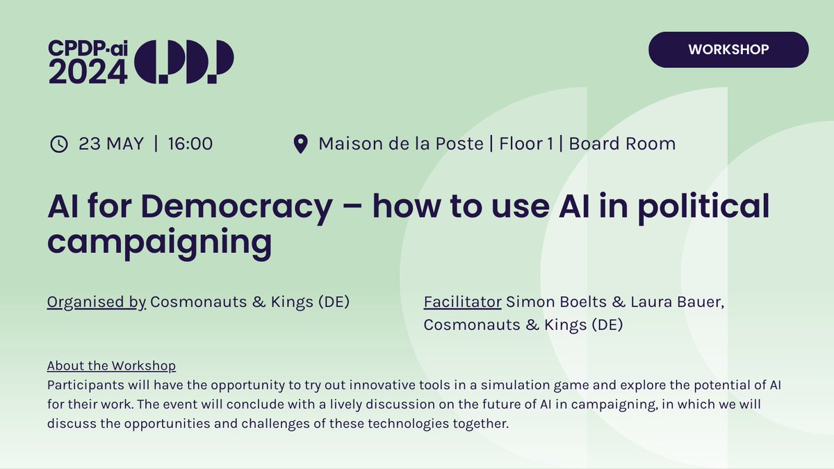 Participants will have the opportunity to try out innovative tools in a simulation game and explore the potential of AI for their work. 
Organised by @CosmonautsKings with Simon Boelts, Laura Bauer
#CPDPai2024 #CPDPconferences #CPDP2024
