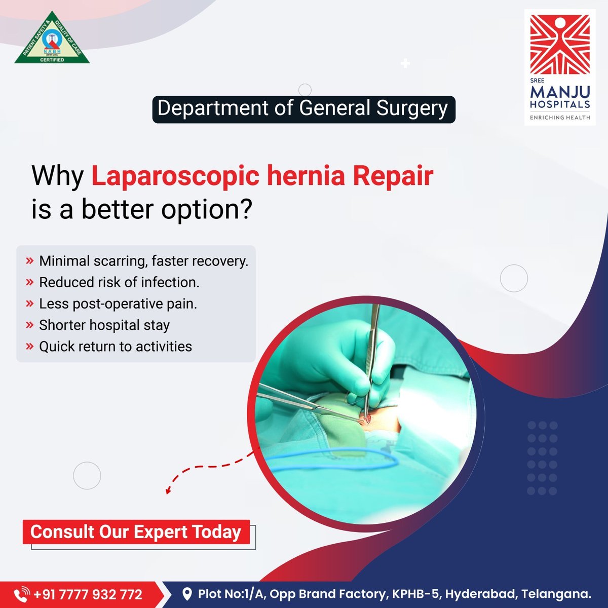 Experience the transformative benefits of laparoscopic hernia repair at the Department of General Surgery in Sree Manju Hospitals. Discover why this innovative approach stands out as the superior choice for hernia treatment.

#generalsurgery #LaparoscopicHernia #MinimalScarring