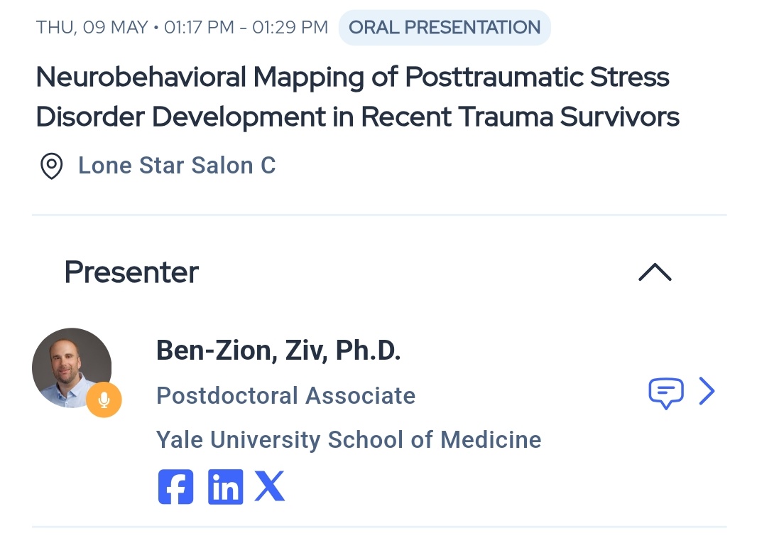 If you are attending #SOBP2024, come hear my talk tomorrow (May 9, 1pm) on brain-behavior mapping of PTSD development! 🧠🎓🤝 @Kangjoo_Lee_ @ifat_levy @harpaz_l @AlanAnticevic @PTSDStressLab @YaleDecisionLab @SOBP @YaleMed @YaleCMed @YalePsych @YalePsychology @Yale @WuTsaiYale