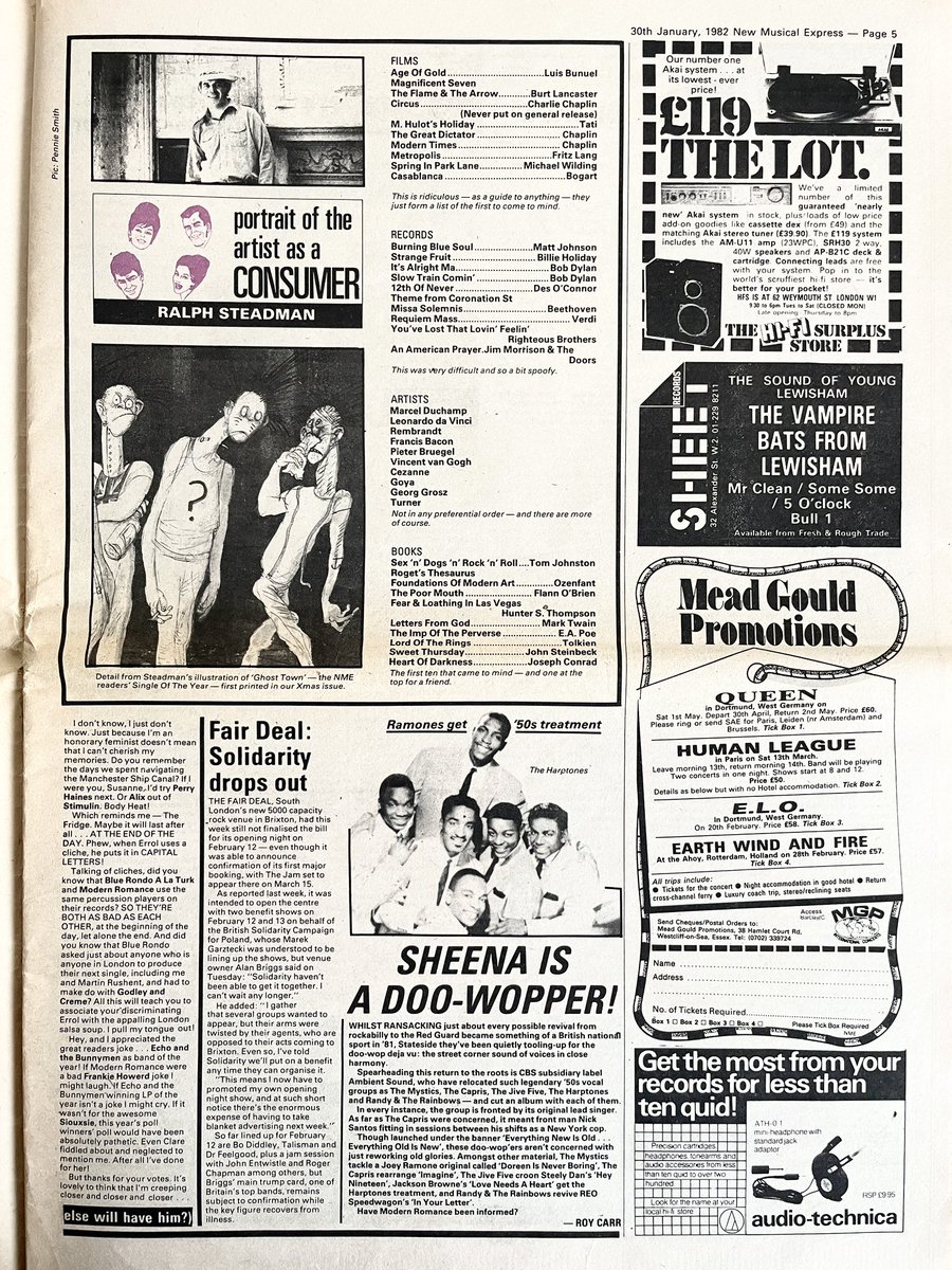Ralph Steadman ‘as a consumer’. Plus news on E.P. Thompson, Rock Against Racism, ‘Errol’, doo wop. New Musical Express, 30 January 1982.