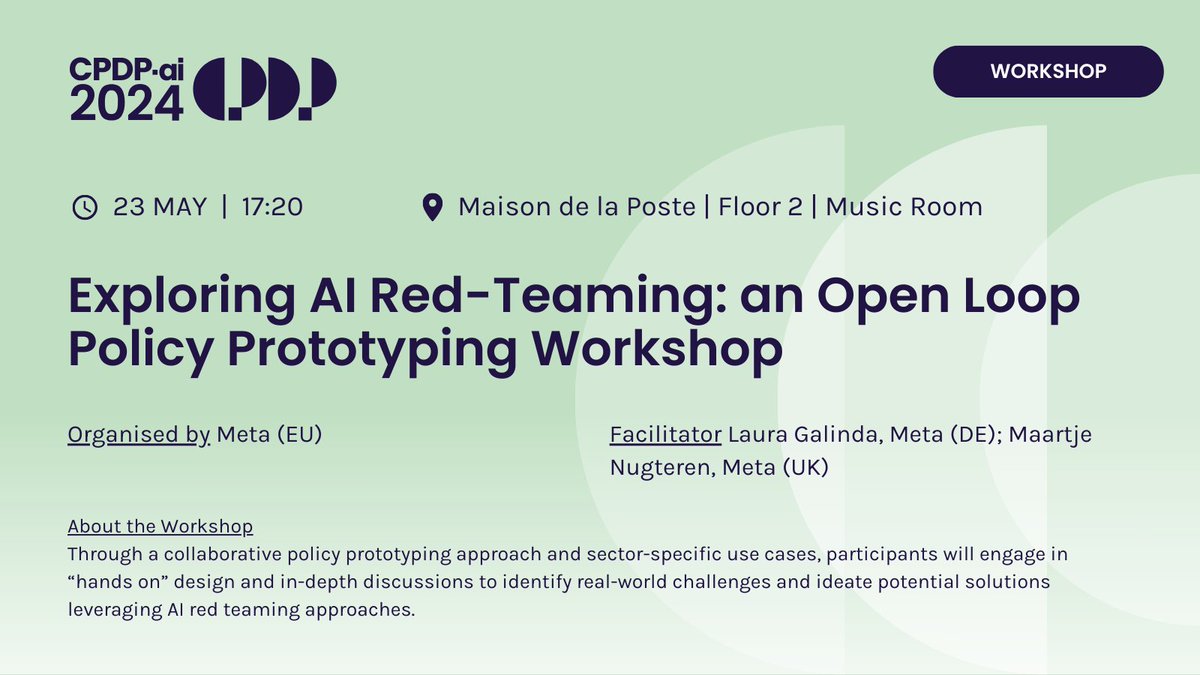 Participants will engage in “hands on” design and in-depth discussions to identify real-world challenges and ideate potential solutions leveraging AI red teaming approaches.
Organised by @Meta with @LauraGalindo, Maartje Nugteren
#CPDPai2024 #CPDPconferences #CPDP2024