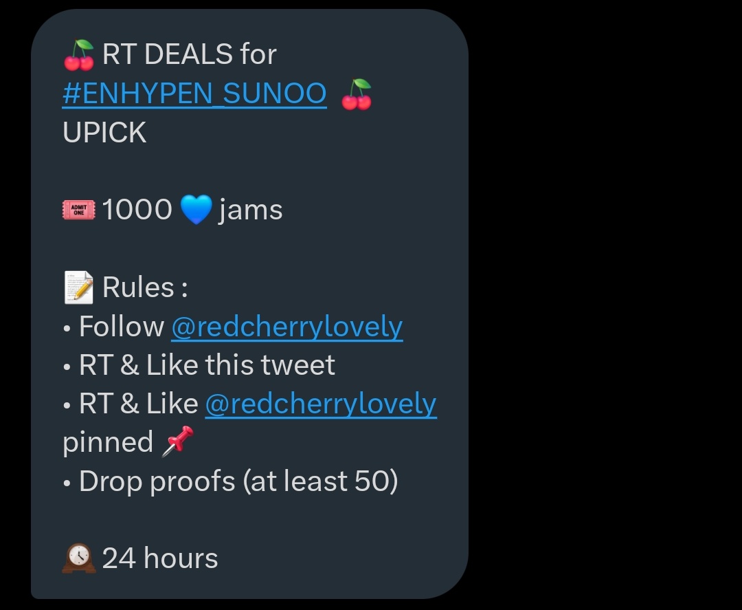 🍒 RT DEALS for #ENHYPEN_SUNOO UPICK 🍒 🎟1000 💙 jams 📝Rules: • Follow @redcherrylovely • RT & Like this tweet • RT & Like @redcherrylovely's pinned • Drop proofs (at least 50) 🕰 24 hours #ENFuelUp #ENVOOSTERS