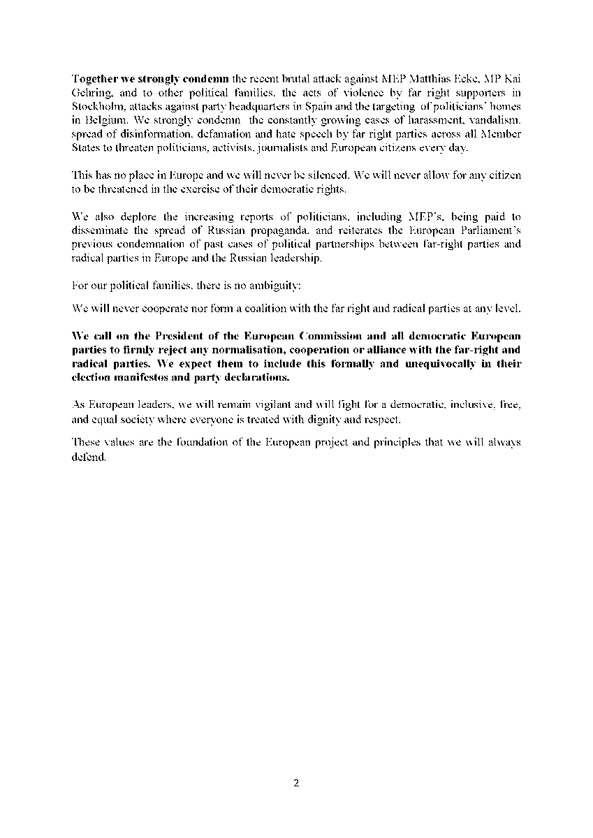 I welcome the strong statement from @TheProgressives, @RenewEurope, @GreensEFA and @Left_EU. Democratic parties must reject any normalisation, cooperation or alliance with far right parties. I regret that the EPP declined to sign. This shows again their ambiguity, as revealed by…