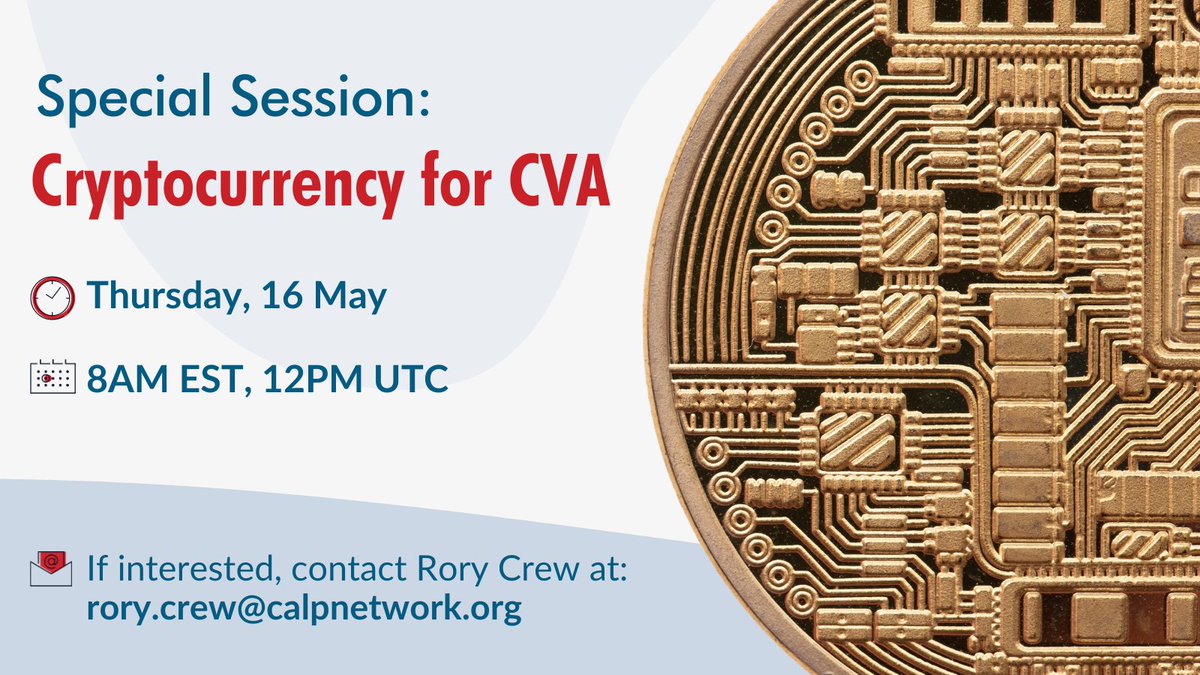 CALP Network (@calpnetwork) on Twitter photo Want to learn about cryptocurrency in the context of CVA?
Join us for a Cryptocurrency focused Special Session of the Payments group to identify challenges, explore opportunities, & chart our way forward.
If you’re interested, contact <a href="/RoryCrewACA/">Rory (all about that cash) Crew</a> at rory.crew@calpnetwork.org. Want to learn about cryptocurrency in the context of CVA?
Join us for a Cryptocurrency focused Special Session of the Payments group to identify challenges, explore opportunities, & chart our way forward.
If you’re interested, contact <a href="/RoryCrewACA/">Rory (all about that cash) Crew</a> at rory.crew@calpnetwork.org.
