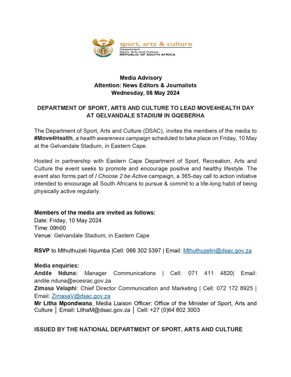 SportArtsCultur's tweet photo. Media Advisory 
8 May 2024

Dept of Sport, Arts and Culture (DSAC) and Eastern Cape Department of Sport, Recreation, Arts and Culture invite the members of the media to Move for Health Day

Date: 10 May 2024
Time: 9h00
Venue: Gelvandale Stadium
#Move4Health 
#IChoose2BActive https://t.co/QYSrCzrjQm