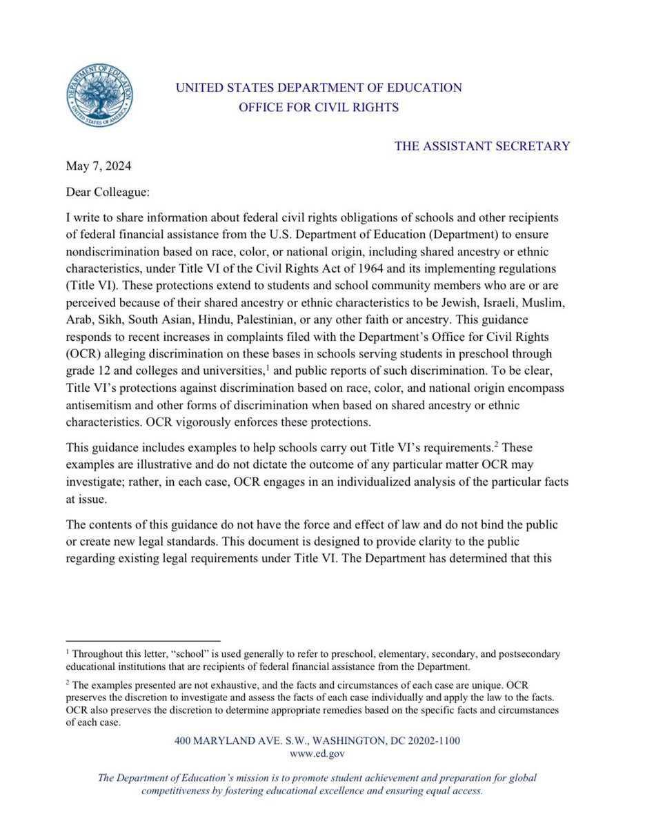 Hail @EDcivilrights & its brilliant leader @CatherineLhamon New guidance on what constitutes actionable #antisemitism & other forms of shared ethnic characteristic discrimination. You can’t be serious about campus antisemitism if you don’t support more funding for this agency.