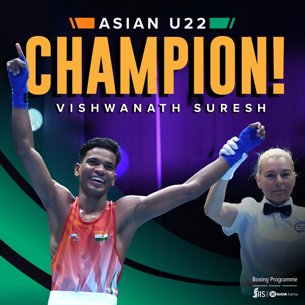 He's done it! 👏 #TeamIIS pugilist Vishwanath Suresh makes his way to the very top of the podium in the 48kg Men's category at the ASBC Asian U22 Boxing Championships, in Astana, Kazakhstan. Get in there! 🔥 #CraftingVictories 🇮🇳