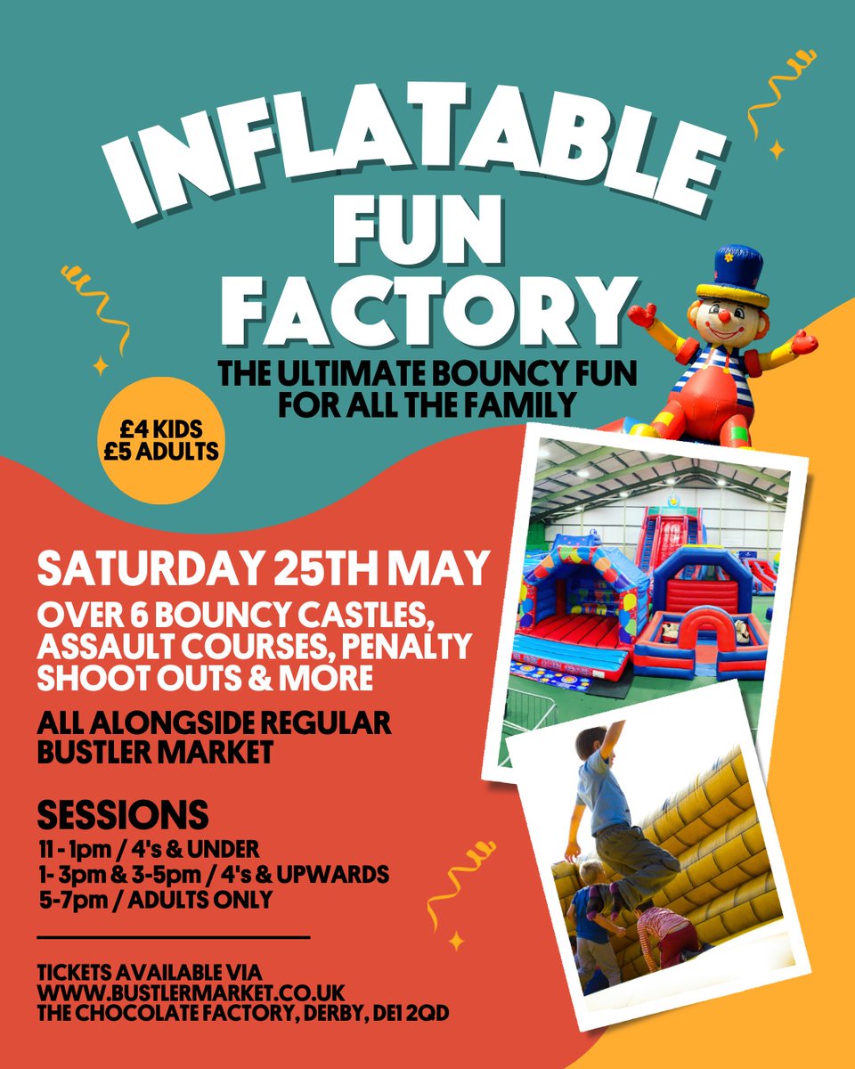 🎉Get ready to bounce into excitement at the Inflatable Fun Factory! 📍@bustlermarket 📆 11 - 12 May Dive into a world of inflatable adventure. From obstacle courses to giant slides, there's endless fun for everyone ⬇ shorturl.at/MOV29 #DerbyUK #InflatableFun #FamilyFun