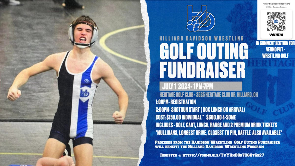 It is official ! It is time to get signed up for the Davidson Wrestling Golf outing ! Please see information on the flyer and sign up at forms.gle/SEkCxYqwq4YtQ1…. @InsideThe360 @hd_athletics @OhioMatMedia