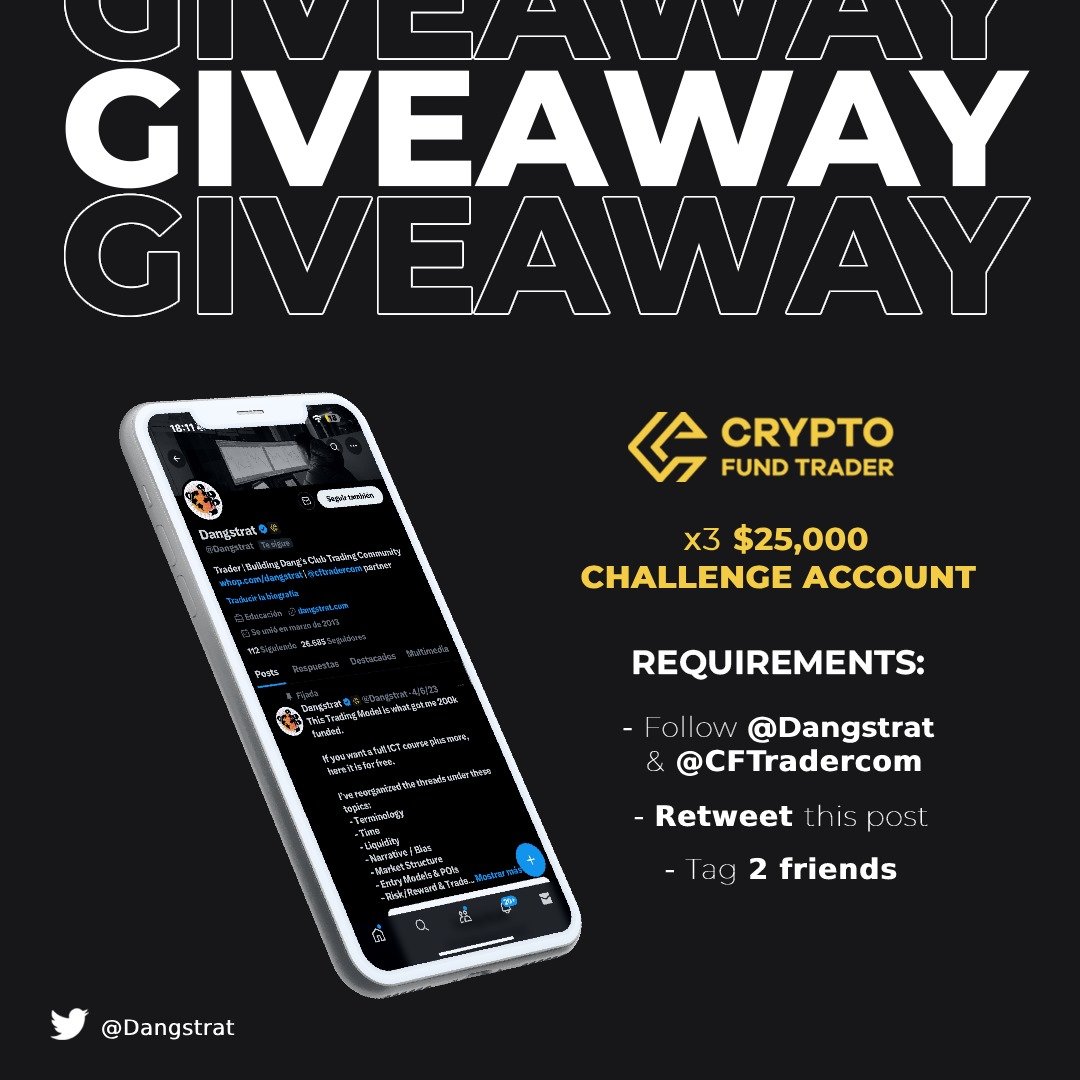 CFT NEWS! 🎁GIVEAWAY🎁

3 x $25,000 Challenge Accounts🚨

Requirements:
🔸Follow @Dangstrat @CFTradercom 
🔸Retweet and Like this post
🔸Tag 2 traders

Winners will be selected in 72 hours

To purchase challenges use code ‘dangstrat’ for a 7% off: cryptofundtrader.com/?_by=dangstrat