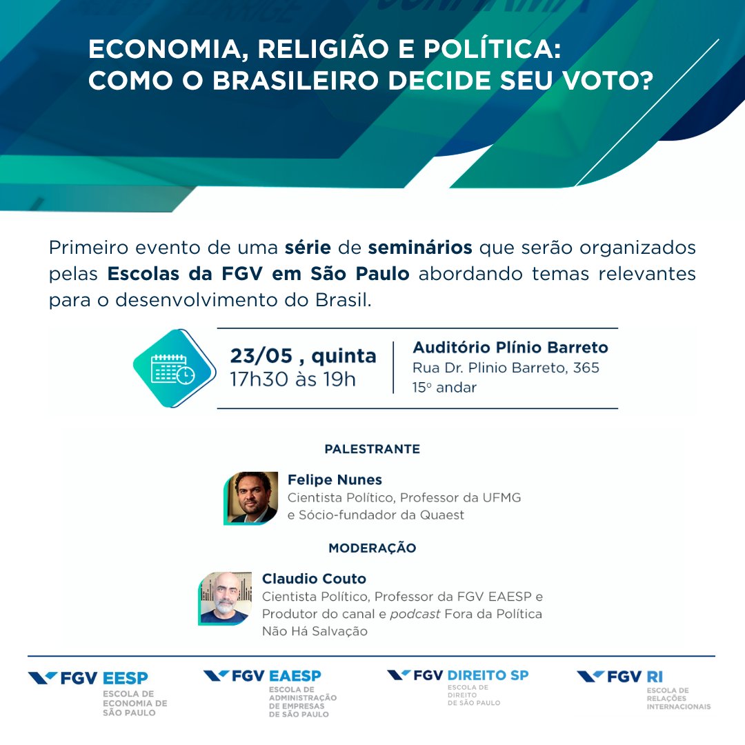 23/05 | Economia, Religião e Política: como o brasileiro decide seu voto | Em um ano eleitoral crucial para o Brasil, entender como eleitores fazem suas escolhas é fundamental. Saiba mais: bit.ly/economia_2305