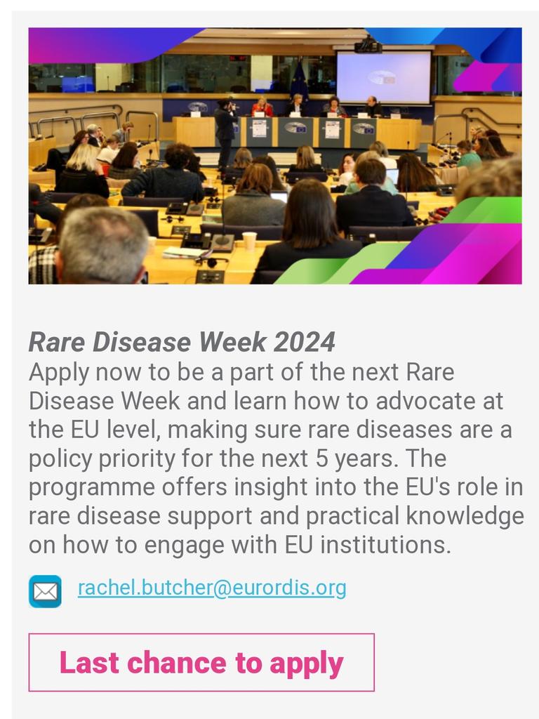 Final chance to apply to attend EURORDIS' Rare Disease Week 18-20 Nov 2024. This is a fantastic opportunity to influence European rare disease policy for the coming five years. 
docs.google.com/forms/d/e/1FAI…