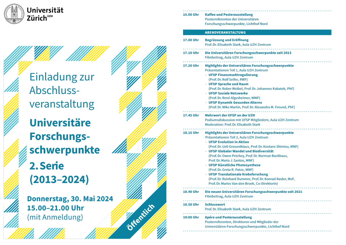 🎉 Join us on May 30,from 3 to 9 pm <a href="/UZH_en/">University of Zurich</a> Zentrum (KOL-G-201) to mark 12 years of groundbreaking interdisciplinary research <a href="/UFSP/">U.F.S.P</a>! Connect w/ researchers, enjoy a poster exhibition, film contributions &amp; a dynamic panel discussion and networking Apéro. 
🔗research.uzh.ch/de/funding/res…
