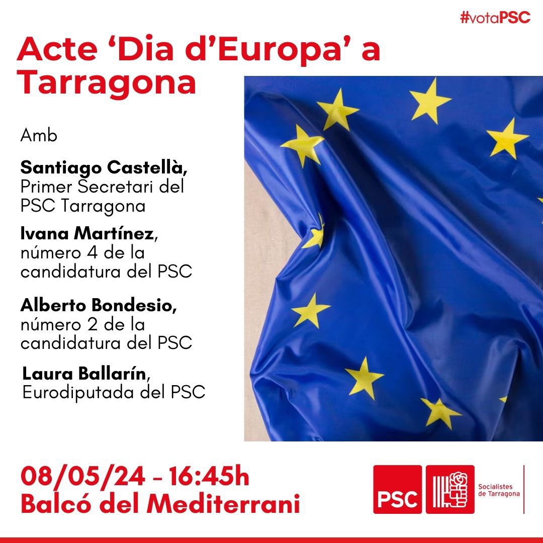 🇪🇺 Avui estaré amb les companyes i companys del @PSCTarragona @PSC_CampdeTgn per parlar sobre les polítiques que les i els socialistes hem impulsat aquesta legislatura en l'àmbit Europeu i de les pròximes eleccions del #9J, en el marc de la setmana del Dia d’Europa.