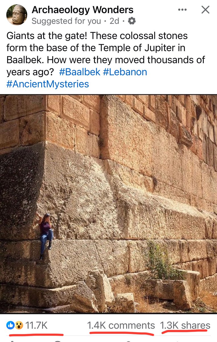 هيدا ال post عالفيسبوك عليه 11.7K likes 1.4K comments 1.3K shares يعني الأجانب 'مبهورين' بإعجاز وضخامة وأسرار هياكل بعلبك أكتر منا 🇱🇧🤷🏻‍♂️😎🩶🙌🌺 #Baalbek #Lebanon