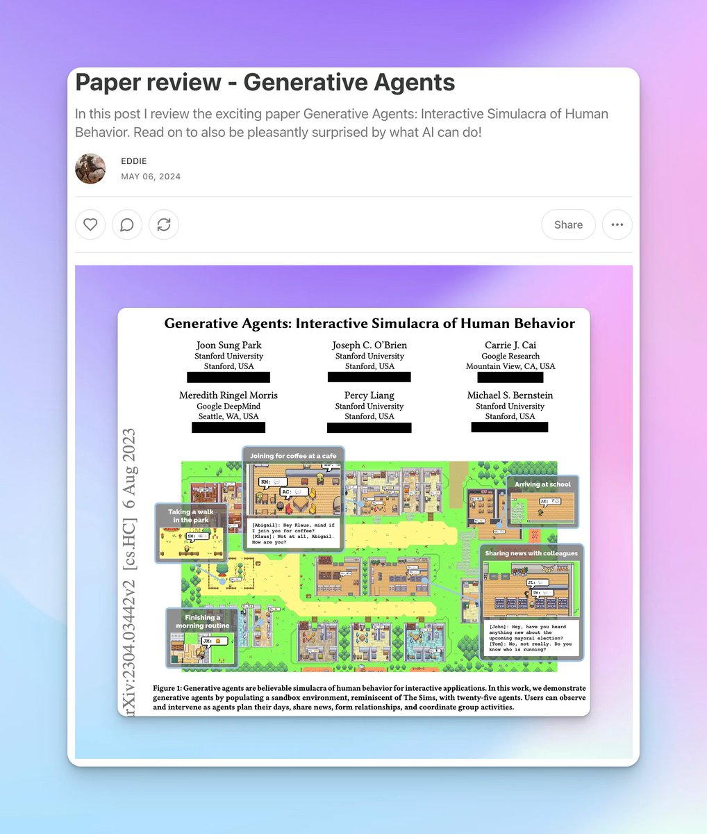 New blog post is out 🔥 In this latest post I review the paper 'Generative Agents' Hope you find it useful
