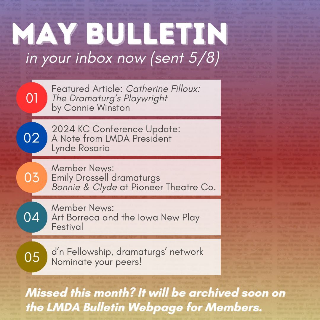 The May LMDA Bulletin arrived in inboxes today! Check out our featured article, a 2024 LMDA Conference message from the LMDA President, as well as info on ATHE & LMDA Office Hours. #lmda #lmda2024 #dramaturg #dramaturgy