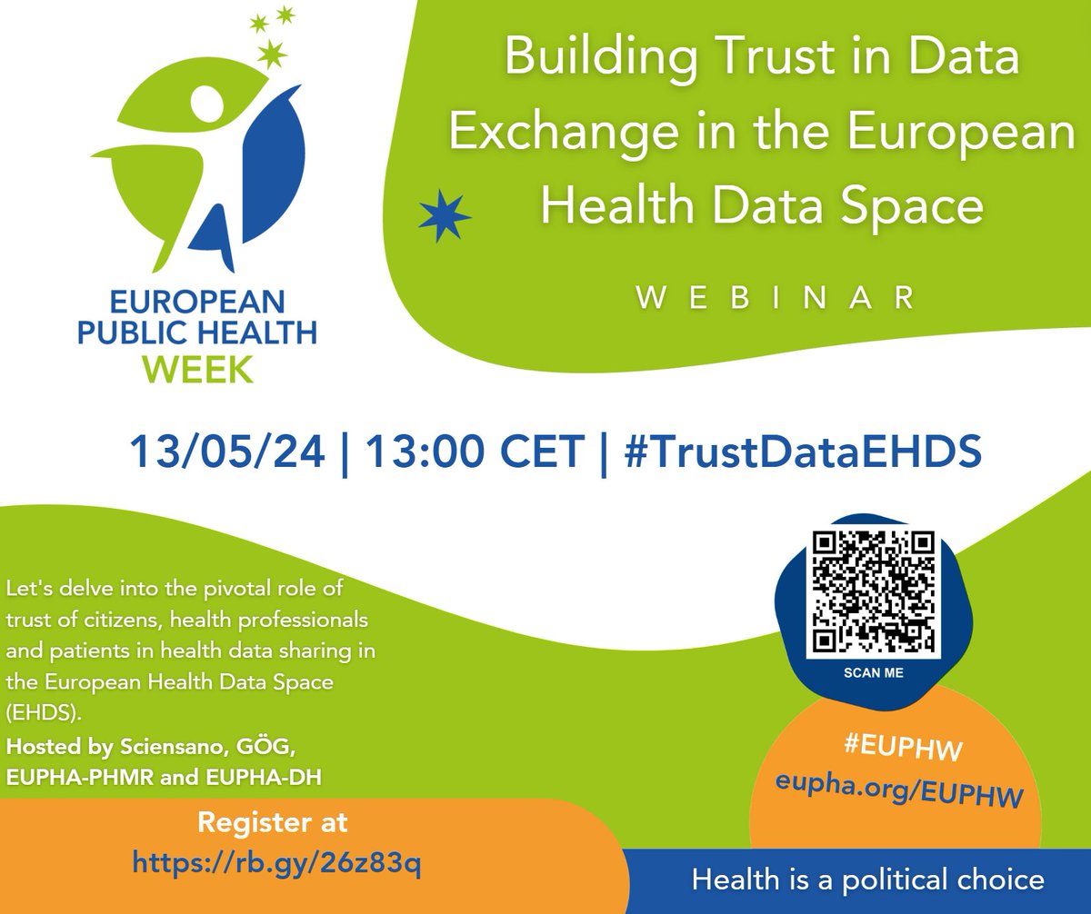 Our unit @EU_HIS_Unit at @sciensano is organizing 2 webinars for the European Public Health week #EUPHW!  

1⃣ #Trust in Data Exchange in the #EHDS 🔗eupha.org/euphw_page.php…
🗓️13 May 1300-1400

2⃣Regulation of  in health in Europe
🔗eupha.org/euphw_page.php…
🗓️13 May 1500-1600