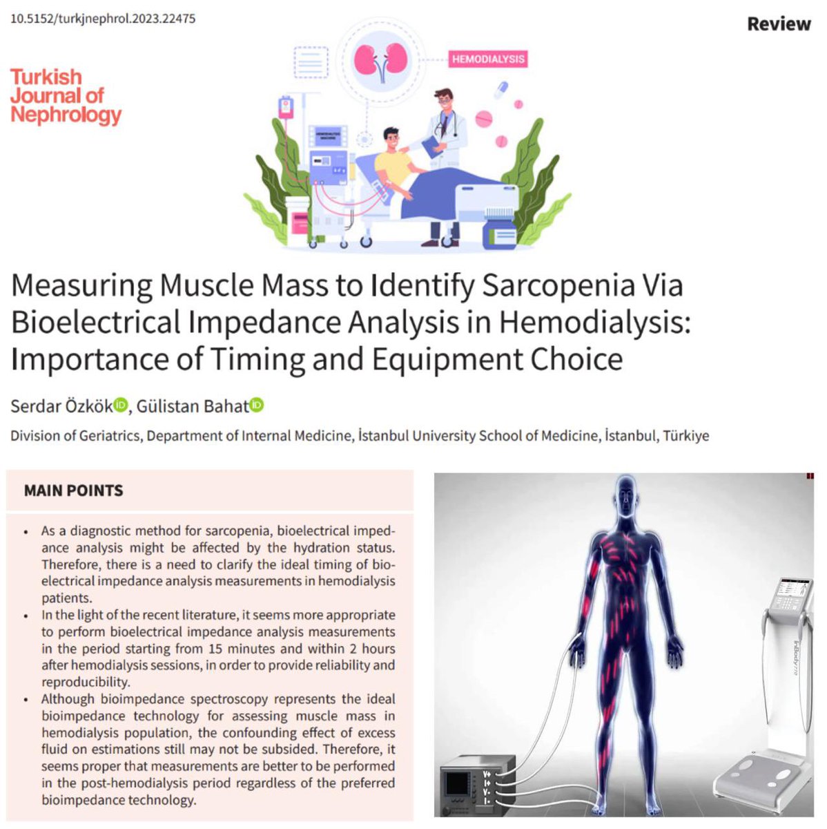 The literature data indicate that performing bioelectrical impedance analysis measurements in the period afer 15 minutes and within 2 hours afer hemodialysis session will aid in a better estimation of muscle mass in terms of reliability and reproducibility.