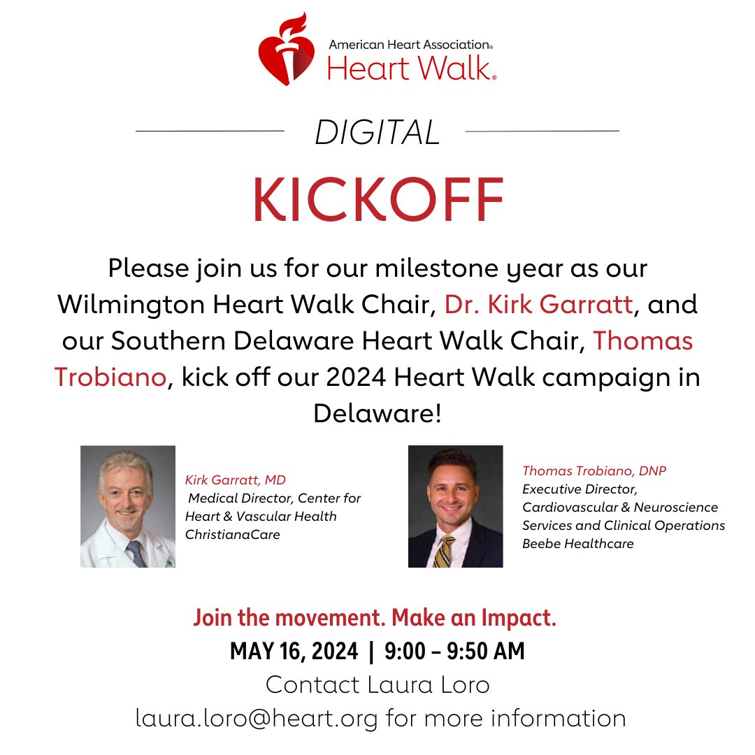 Join us! We have a spectacular Digital Heart Walk Kickoff planned for May 16th! You won't want to miss this one! Reach out to Heart Walk Director, Laura Loro at laura.loro@heart.org for more information on how to register!