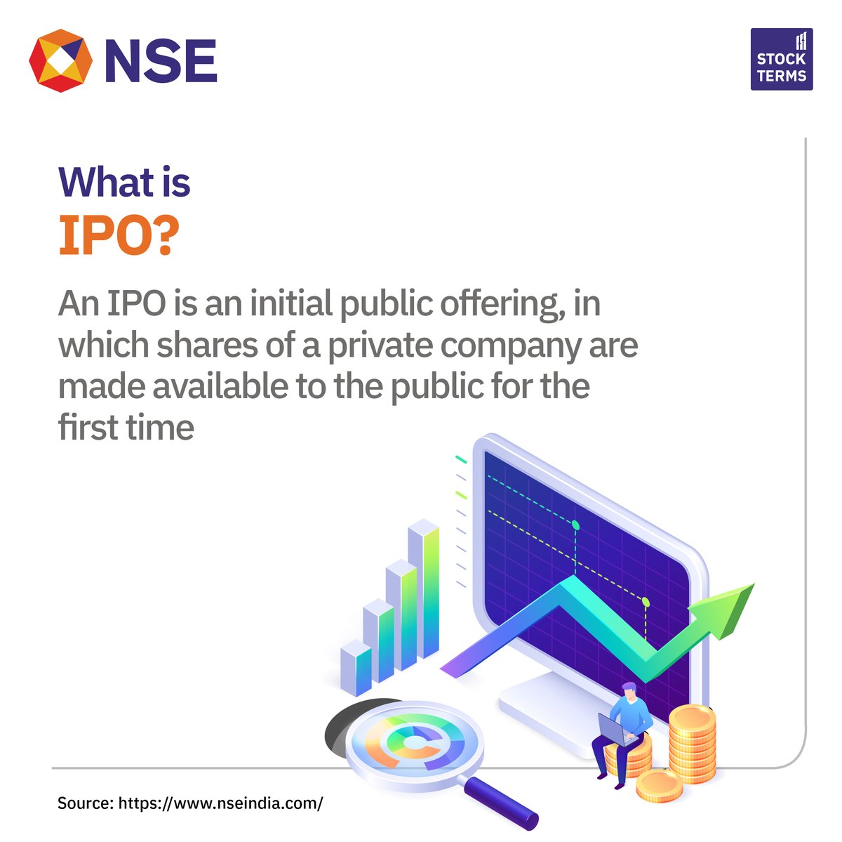 In today's #StockTerm, let's look at what IPO is! #NSE #StockMarket #ShareMarket #StockTerms #NSEIndia #InvestorEducation #IPO